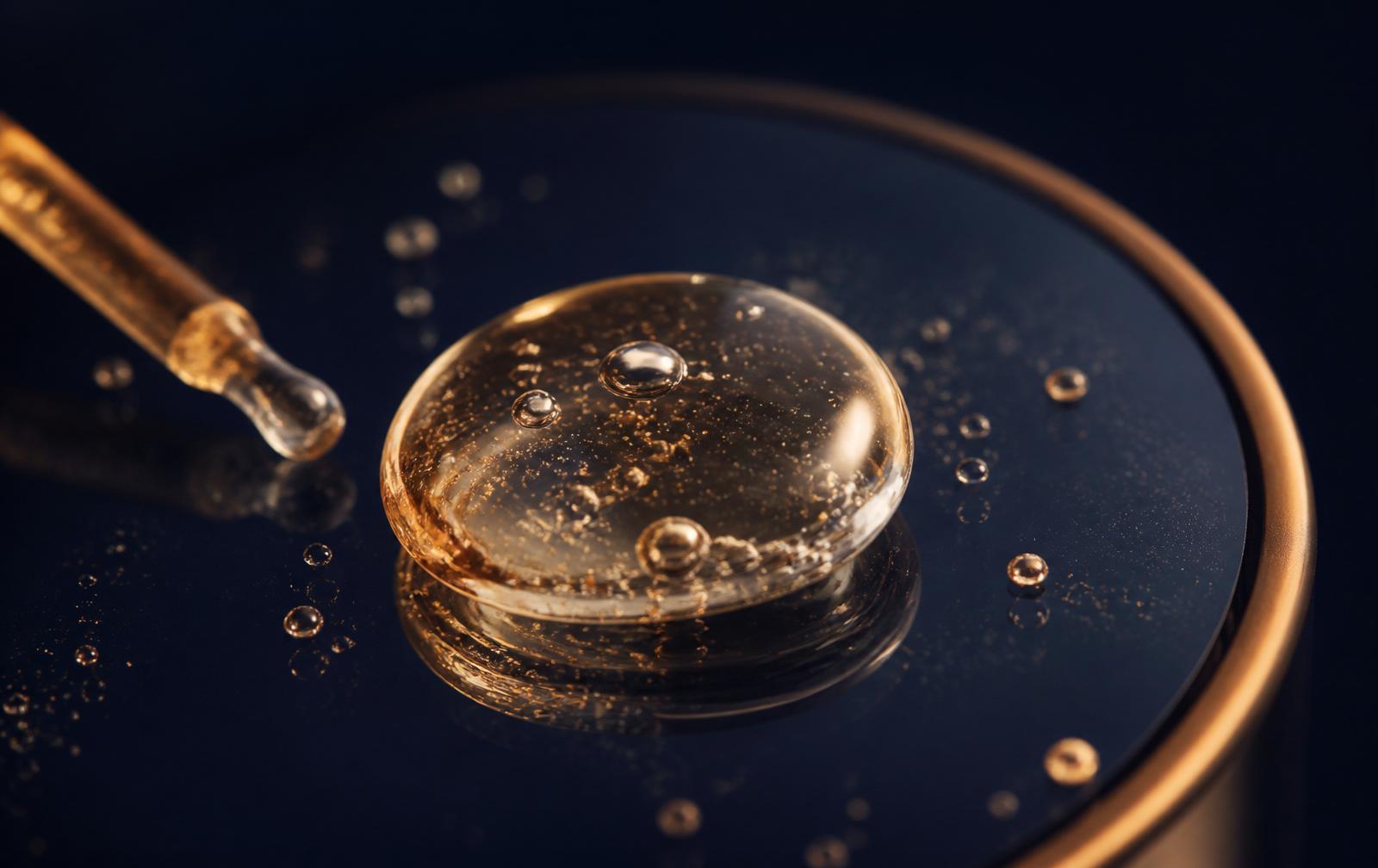 Macro di una goccia di siero dorato su superficie blu notte