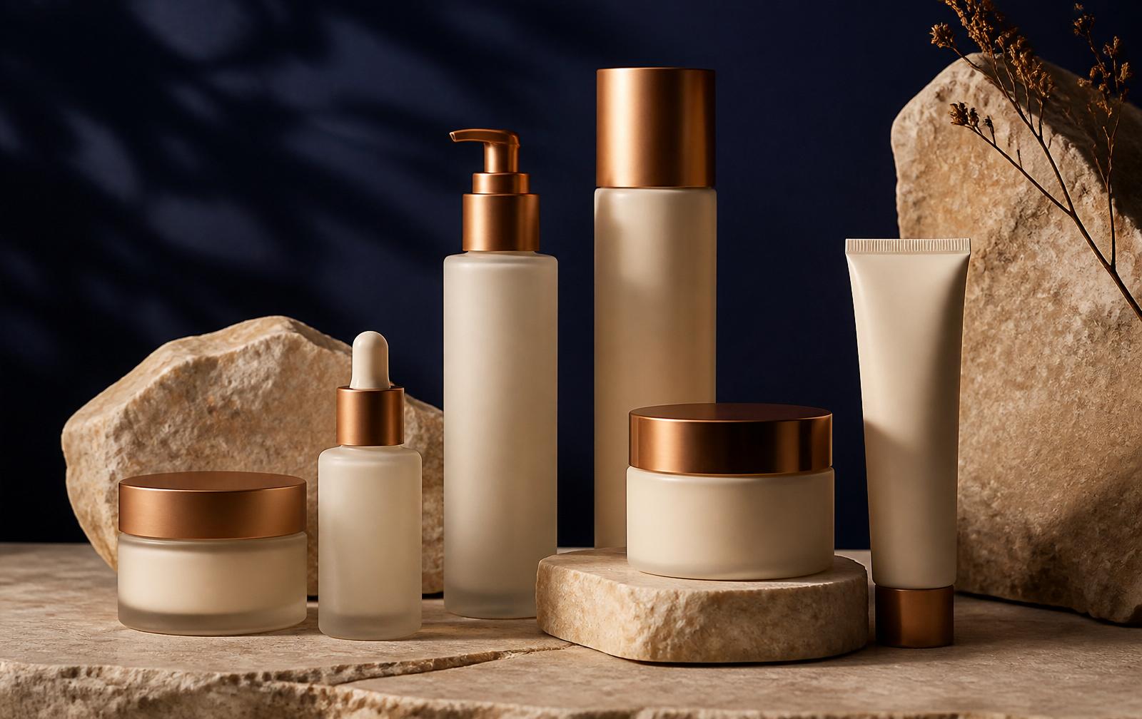 Still life di flaconi e vasetti cosmetici professionali su pietra sabbia