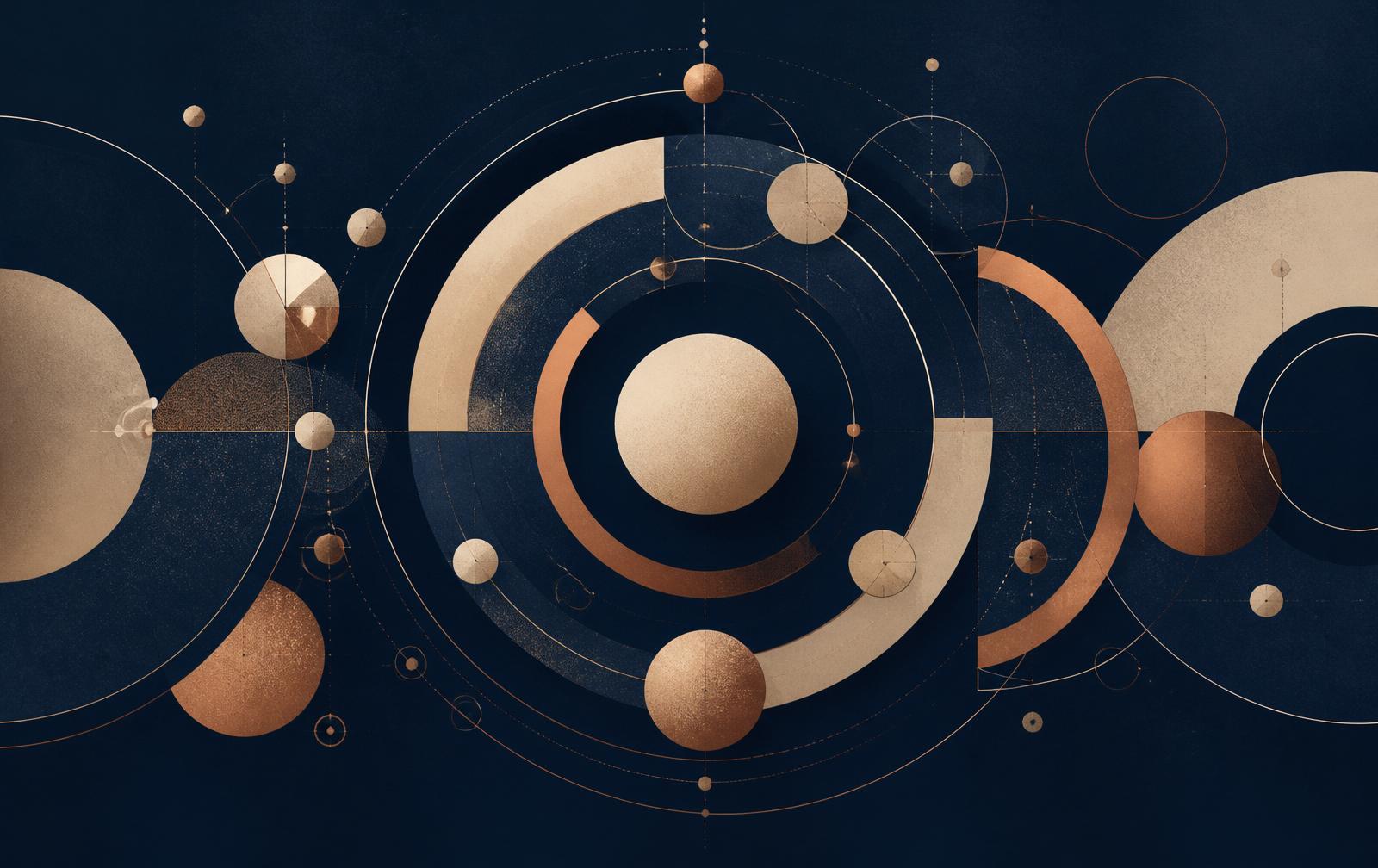 Composizione astratta di cerchi e archi in rame e sabbia che rappresenta l'ecosistema Wellbeing Italia