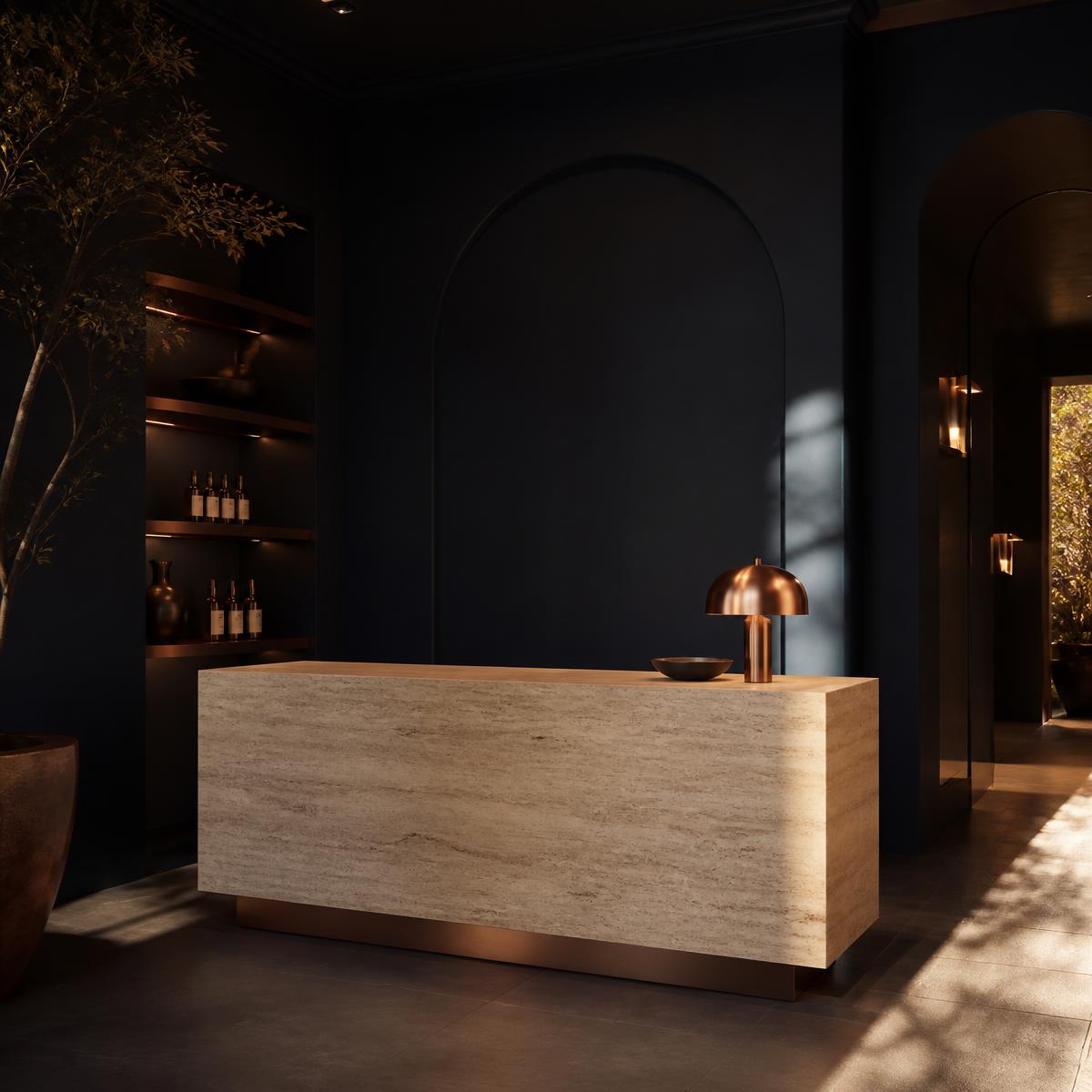 Reception di uno showroom luxury con bancone in travertino e dettagli in rame