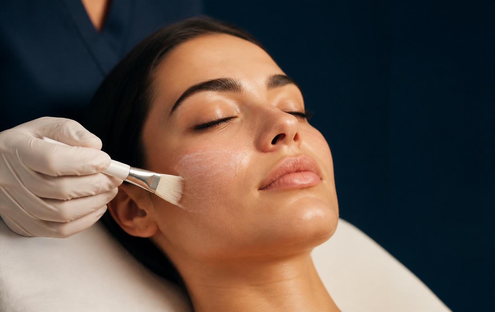 Trattamento professionale del viso in cabina, applicazione di prodotto con pennello